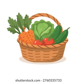 Wicker basket with fresh organic vegetables harvest. Woven basket filled with carrots, tomatoes, cabbage and cucumbers. Healthy food and farming crop concept. Flat vector illustration isolated on white background.