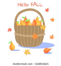 Wicker basket of fresh pears.Hello fall. Vector illustration. Flat style design. Concept harvest. Banner of autumn season.