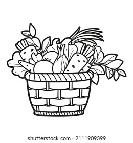 Cesta de mimbre con verduras frescas delineada para el libro de colorido sobre fondo blanco