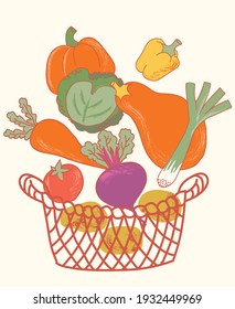 Wicker basket with fresh vegetables. Vector farm harvest design, isolated.