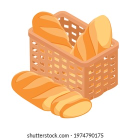 Wicker basket with freshly baked bread isolated on white, isometric view. Vector