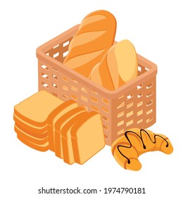 Wicker basket with freshly baked bread isolated on white, isometric view. Vector