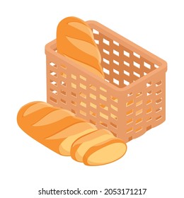 Wicker basket with freshly baked bread isolated on white, isometric view. Vector