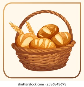 Wicker basket with freshly baked loaves of homemade bread vector icon. Rustic farmhouse kitchen, sense of warmth and comfort. Golden-brown crusts and fragrant aroma of the bread culinary-themed design