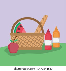 wicker basket fruit bread and sauces picnic in the park