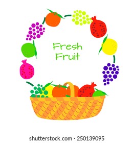 Wicker basket with fruit. Frame of fruits and inscription Fresh fruits