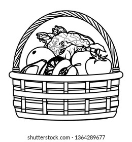 wicker basket with fruit and vegetables black and white