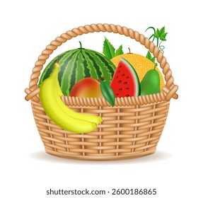 wicker basket with fruits vector illustration isolated on white background