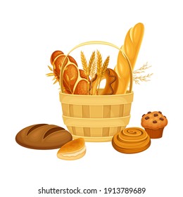 Wicker Basket Full With Bread And Sweet Pastry Vector Composition