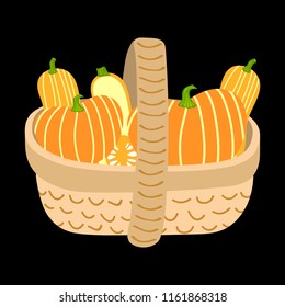 Wicker basket, full of  different fresh pumpkins. Vector illustration. Flat style design. Concept for gardening, autumn harvest. Perfect for packaging design of healthy food.