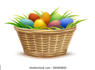 Wicker basket full of Easter eggs on grass. Isolated on white background vector illustration