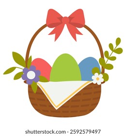 Wicker basket full of Easter painted eggs and spring flowers with red bow