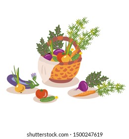 Wicker basket full of fresh vegetables.  Vector illustration of harvest isolated on white