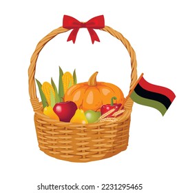 A wicker basket full of fruit with flag for celebrating Kwanzaa. The crops (Mazao) for celebration of African American holiday festival of harvest