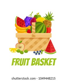 Wicker basket full of fruits gooseberry, garnet, lemon, orange, apple, banana, grapes, pineapple, strawberry, watermelon. Agriculture garden farming concept. Vector flat cartoon isolated illustration