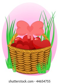 Wicker basket full hearts on pink background with rich grass