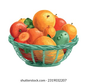 A wicker basket full of juicy fruit icon isolated