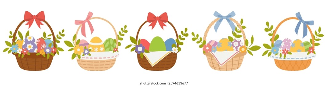 Wicker basket full of painted eggs and spring flowers with blue bow