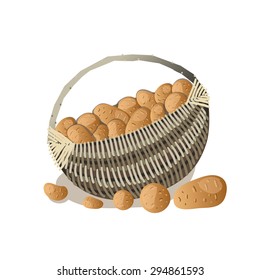 Wicker basket full of potato tubers. Vector colorfull illustration isolated on white