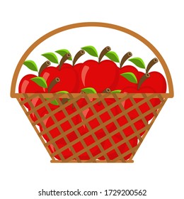 Korbweide voll von roten reifen Äpfeln. Helle Früchte mit kleinen Zweigen und Blättern. Vector-Abbildung auf weißem Hintergrund.