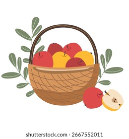 Wicker basket full of red and yellow apples with green leaves. Harvest season concept for healthy eating and natural food.