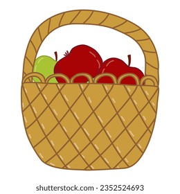 Wicker basket full of ripe apples, autumn harvest, doodle style flat vector