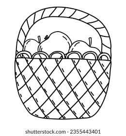 Wicker basket full of ripe apples, autumn harvest, doodle flat vector outline for coloring book
