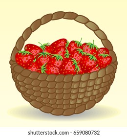 Wicker basket full of strawberries, meadow strawberries. Juicy berries, harvesting