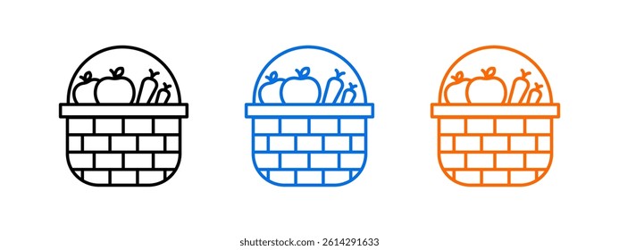 Wicker basket full vegetables editable icon set