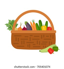 Wicker basket full of vegetables isolated on a white background. There are carrots, cucumbers, sweet peppers, onions, eggplant, zucchini and other vegetables in the picture. Vector illustration.