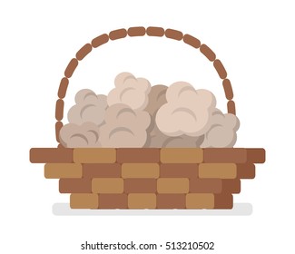 Wicker basket full of white truffles flat style vector illustration isolated on white background. Rare tasty mushrooms. Expensive restaurant delicacy. French, italian national cuisine ingredient