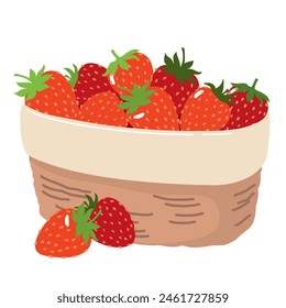 A wicker basket with garden strawberries. Vector illustration.