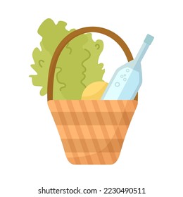 Wicker basket with greens and drink cartoon illustration. Picnic basket with bottle of water and vegetables for family dinner or romantic date outdoor. Summer, food, weekend concept