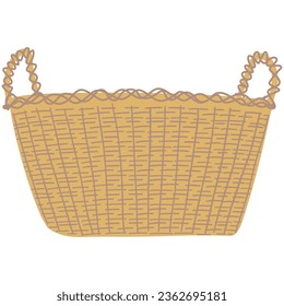 Wicker Basket. Hand drawing cute cozy illustration in kids style. Childish cartoon adorable cottagecore hand drawn element. Vector isolated on white