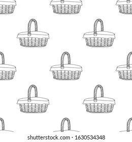 Wicker basket with handkerchief seamless pattern, hand drawing line. Black and white image. Oval basket for a holiday, picnic, Pets.Home item.Vector illustration