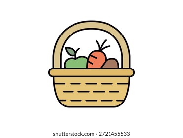 Cesta de mimbre con asa llena de frutas y verduras frescas