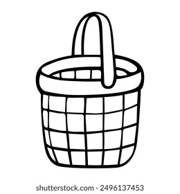 A wicker basket with handle hand drawn in doodle style. Garden tool for harvesting. Vector line art illustration.