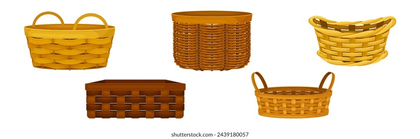 Wicker Basket as Handmade Straw Container with Handle Vector Set