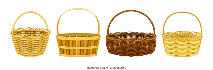 Wicker Basket as Handmade Straw Container with Handle Vector Set