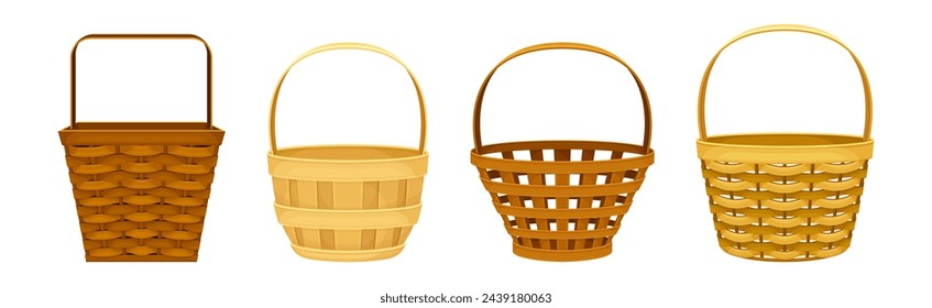 Wicker Basket as Handmade Straw Container with Handle Vector Set