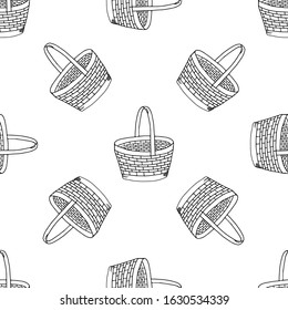 Wicker basket with high handle seamless pattern, hand drawing line. Black and white image. Oval basket for a holiday, picnic, Pets.Home item.Vector illustration