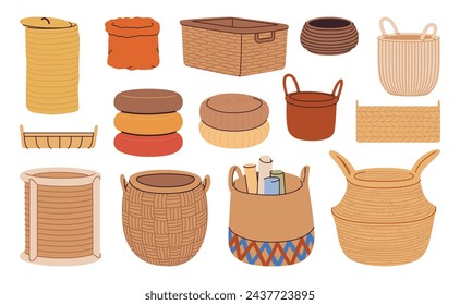 Wicker basket, home decor hand drawn set. Interior baskets and decorative elements woven rattan, vine, bamboo, and straw. Cartoon flat vector illustration isolated on a white background.