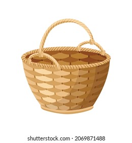 Wicker basket icon. Container hand woven. Decorative accessorie for storage or carrying. Straw handmade container. Empty basket, isolated on white background