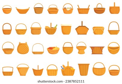 Wicker basket icons set cartoon vector. Picnic snack wicker. Meal party