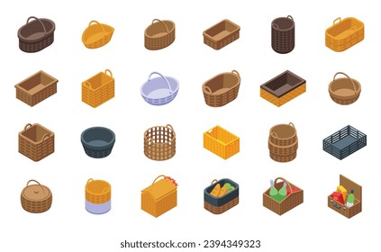 Wicker basket icons set isometric vector. Picnic bottle food. Park snack outdoor