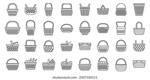 Conjunto de iconos de cesta de mimbre. Grande conjunto de varias cestas de mimbre vacías con asas para el supermercado o picnic, iconos de línea delgada