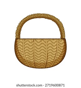 Ilustración de cesta de mimbre con una forma redonda y un mango curvo, que representa un diseño tejido tradicional adecuado para varios propósitos de transporte o temas decorativos