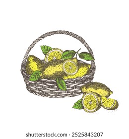 Cesta de vime com limões. Esboço desenhado à mão citrinos, estilo rústico retro. Ideia para os agricultores folhetos de mercado, banner, publicidade. Ilustração de vetor vintage colorida. Isolado sobre fundo branco