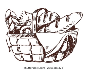 In a wicker basket lies bakery products and bread assortment. Loaf and whole grain bread, baguette, bun. Isolated  on a white background. Vector illustration in sketch style