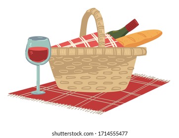 Wicker basket loaded with baguette and bottle of red wine. Isolated box with food for picnic, alcoholic drink and load of fresh bread. Dining at tranquil place, spending weekends, vector in flat
